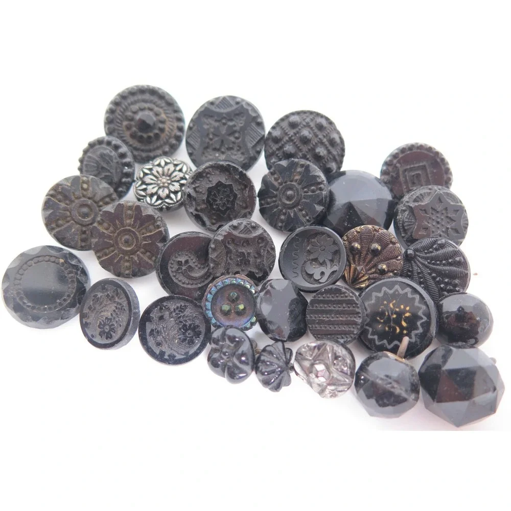 Antique Stunning Carved Molded Black Glass Buttons Lot*Flowers*Highly Detailed‎